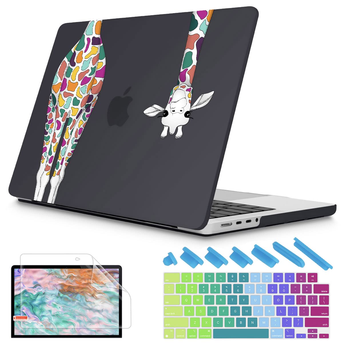 May Chen Case for MacBook Pro 14 Inch 2023 2021 Release A2779 M2 & A2442 M1 Pro/Max Chip with Touch ID, Plastic Hard Shell Case with Keyboard Cover & Screen Protector, Black Colorful Giraffe