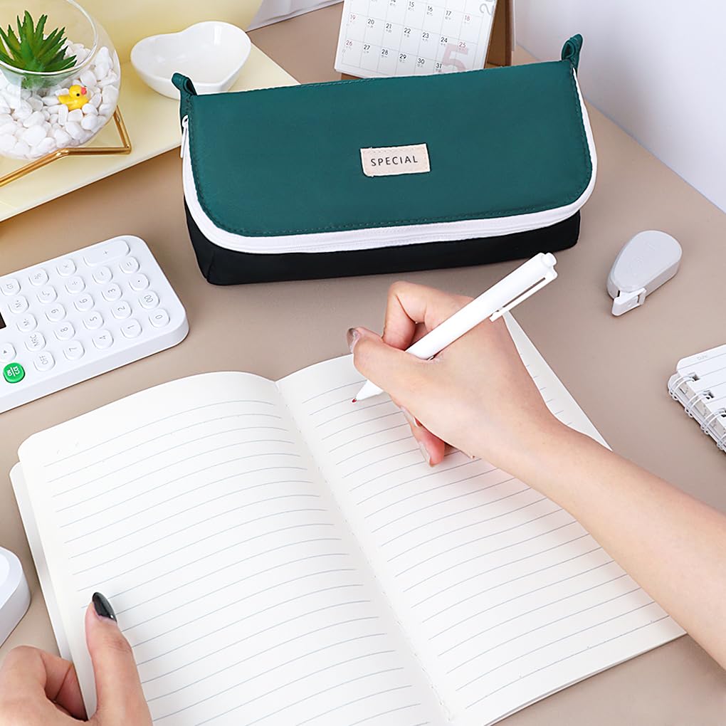 Oyachic Wide Open Pencil Case Flip-Top Large Pencil Pouch Pen Holder Bag Office Stationery Asthetic Supply Organizer Marker Zipper for Adults (Green) - Image 2
