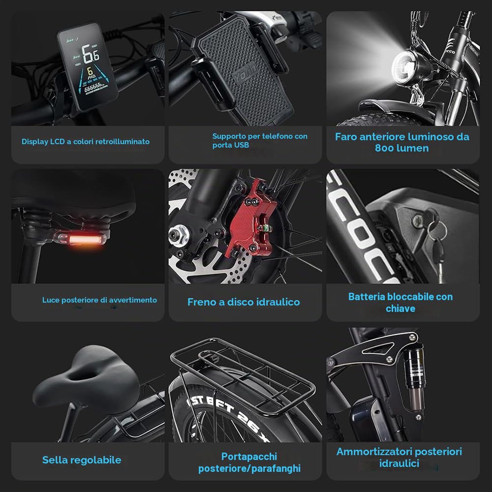Bicicletta elettrica per adulti EB7, doppio motore brushless da 52 V, batteria rimovibile da 23 Ah, pneumatici larghi 26×4 pollici per neve/mountain bike, bicicletta da pendolare all-terrain a 7 veloc