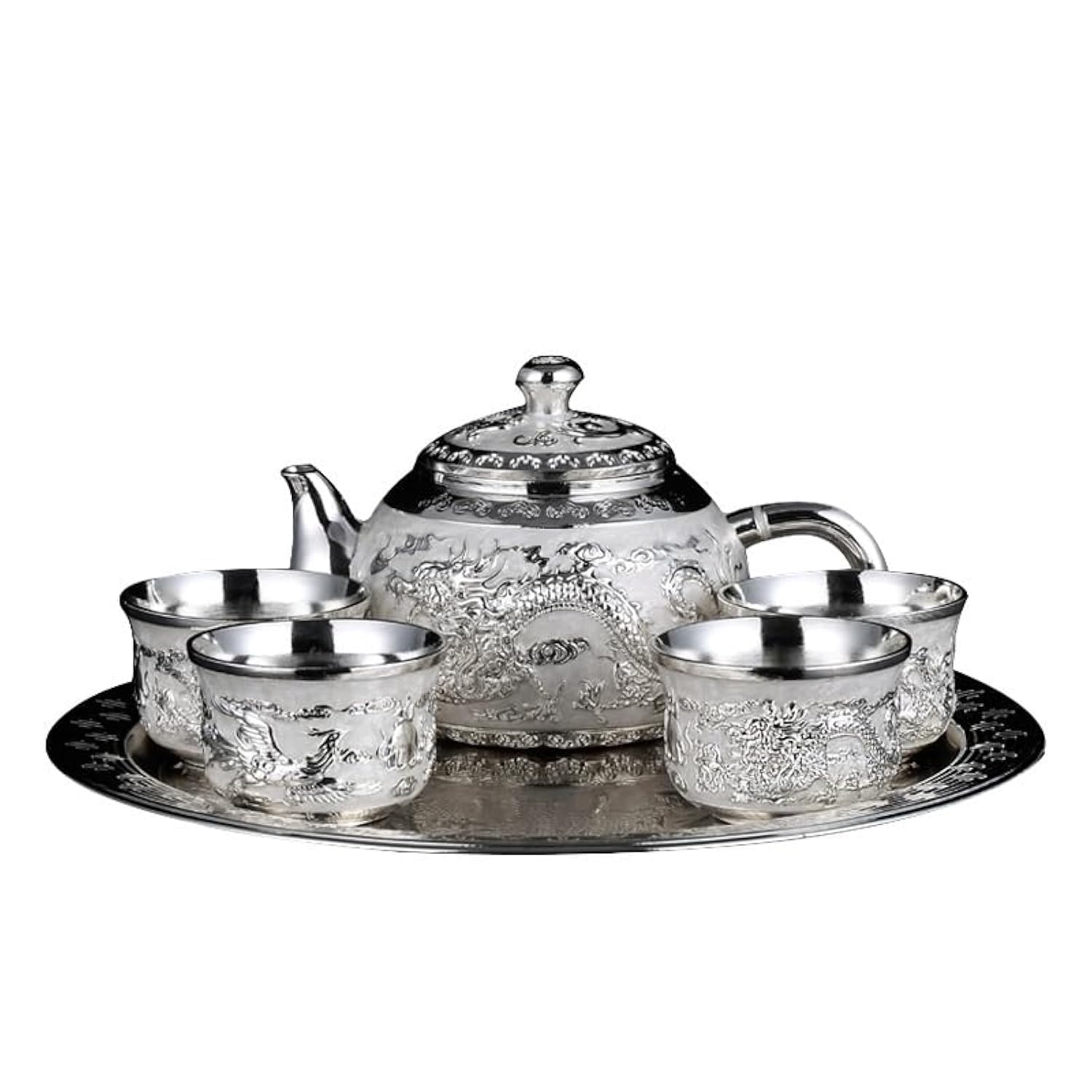 THE WHITE SHOP Tea Set, Dragon and Phoenix Silver-Plated Tea Wine Set Hand-Gilt Silver Teapot Set, Afternoon Tea Set Chinese-Style Wine Cup Gift Box for Living Room Decor