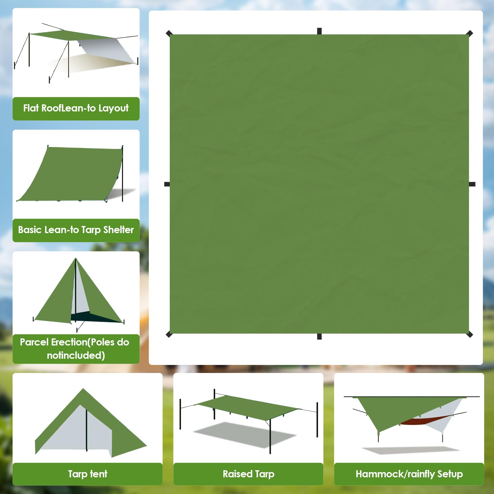 Unigear Hangmat, regentent, tentzeil, 300 cm x 300 / 400 / 500 cm, draagbaar, lichtgewicht, waterdicht, winddicht, sneeuwbestendig, campingonderdak voor sneeuw, zonnescherm voor kamperen, outdoor