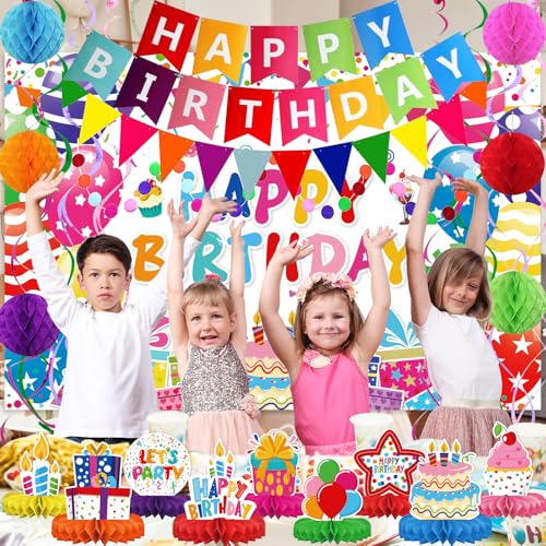 Birthday Decorations Kit, Party Banner, Honeycomb Balls, Metallic Hanging Swirls, Circle Garland, Colorful Birthday Decorations, Backdrop Cloth, Centerpieces for Tables - Image 6