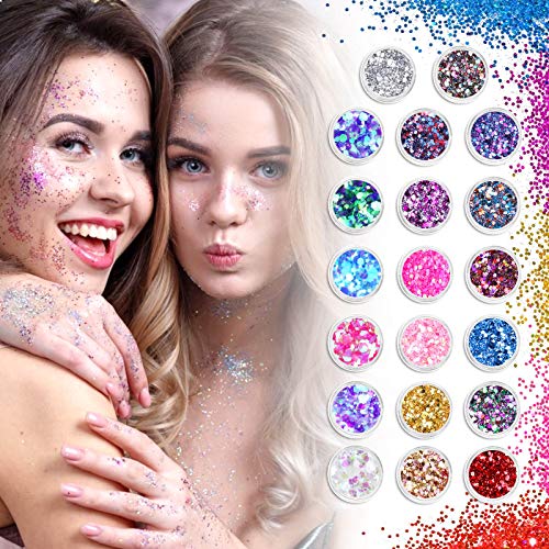 20 Colors Holographic Cosmetic Chunky Glitter, Flasoo 20 Boxes Face Body Eye Hair Nail Festival Chunky Holographic Glitter with 1 Glitter Glue for Musical Carnival Dance Party Beauty Makeup and Deco