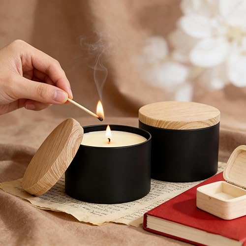 Miniatura 5 de Paquete de 24 latas de velas de 8 onzas, recipiente de vela negro mate con tapas, tarros redondos de metal para hacer velas, recipiente de vela
