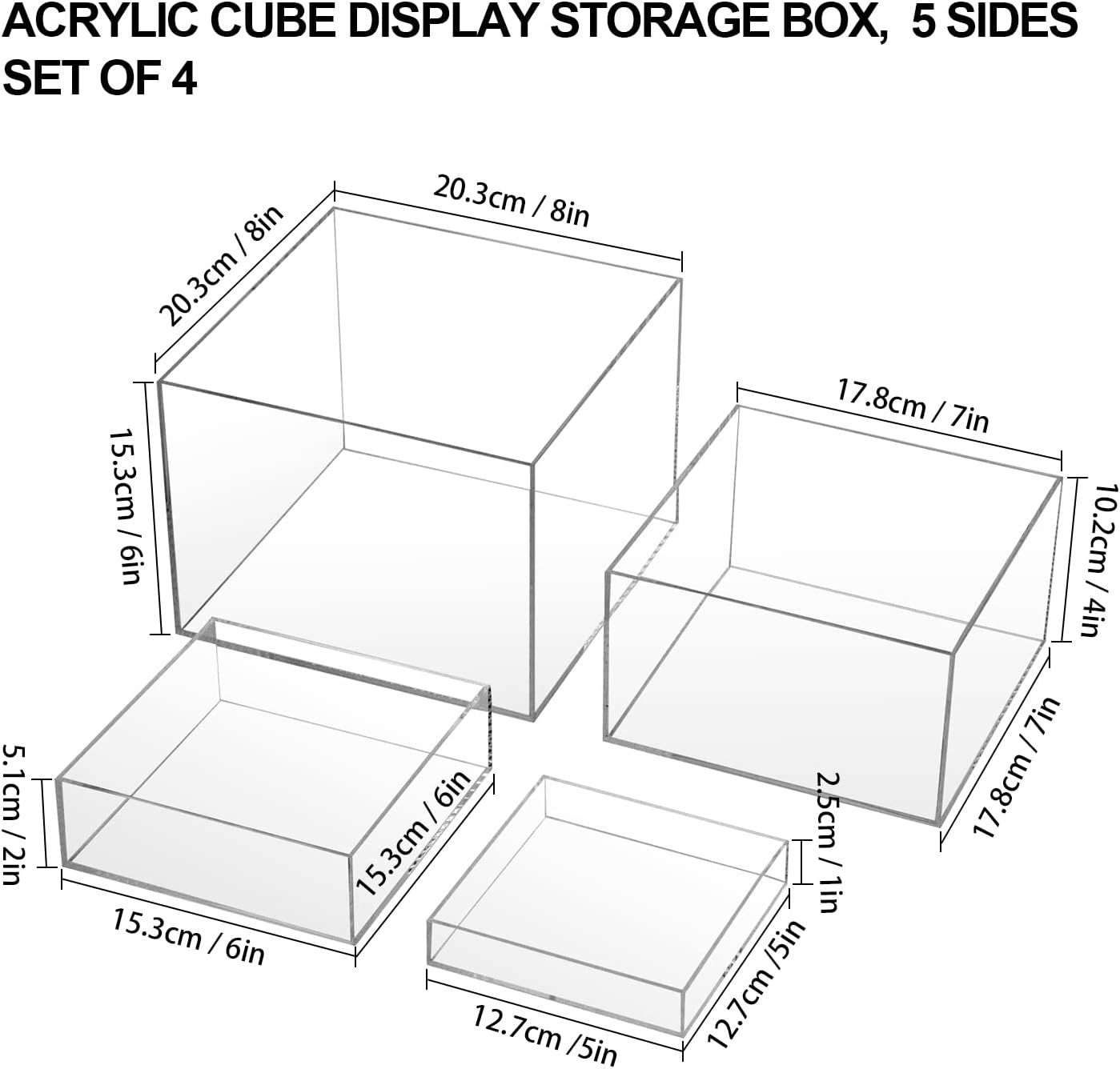 Clear Acrylic Cube Display Box, 5 Sides Crystal Acrylic Risers Stands, Transparent Square Organizer Base for Props Art Collectible Models Memorabilia Trophies Business Expos Display, 4 Pcs
