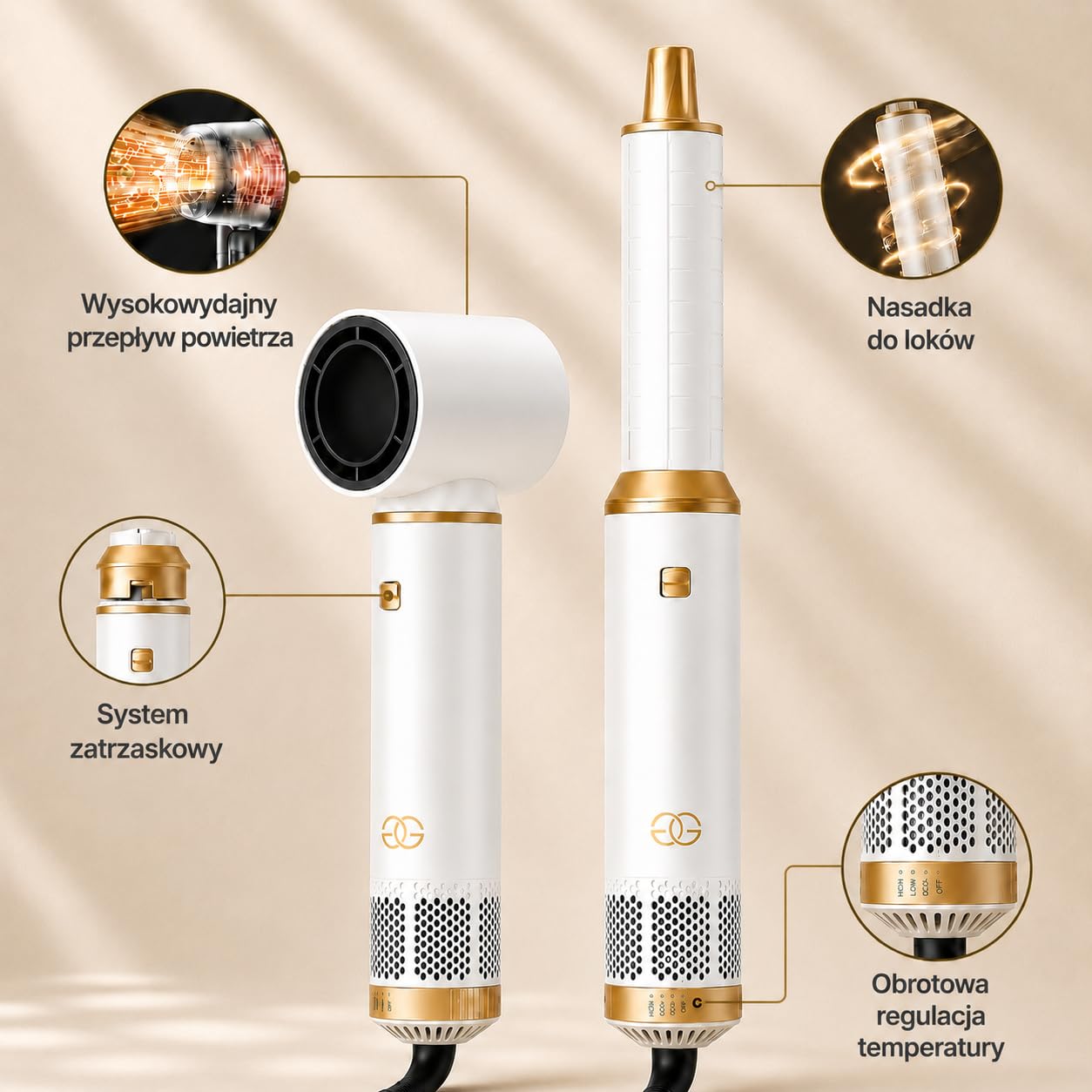 Golden Goods Airstyler Lokówka 5 w 1 - Szczotka do loków - Wielofunkcyjna suszarka do włosów z 5 nasadkami - Prostownica 1000 W - edycja biała/złota