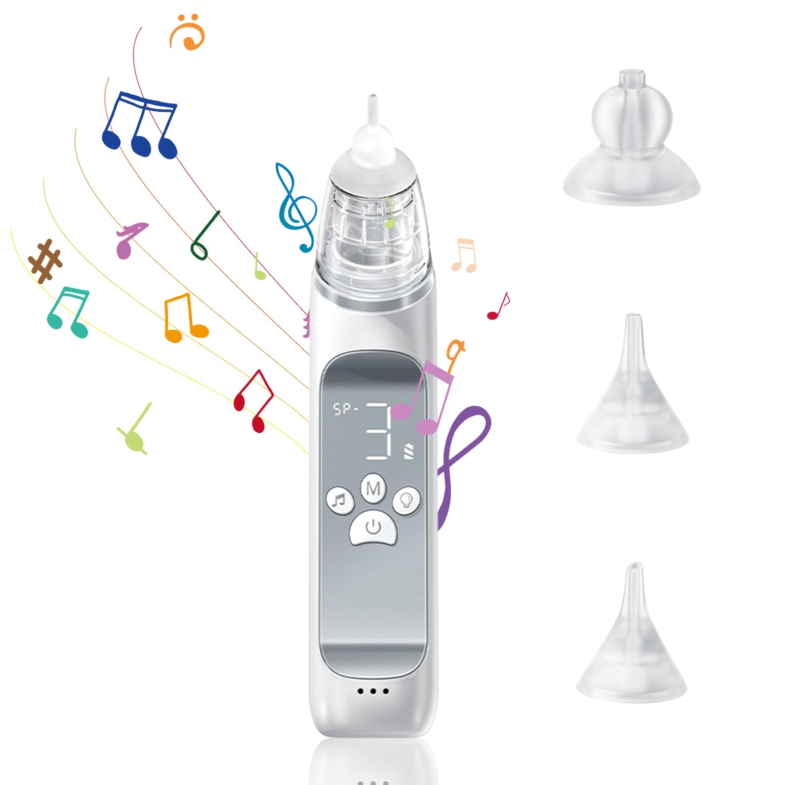 Aspirador Nasal Eléctrico para Bebé, Recargable Succionador Nasal, Limpieza Nasal Bebe con 3 Niveles de Succión y 3 Boquillas, Luz Colorida y Música para Recién Nacidos y Niños Pequeños