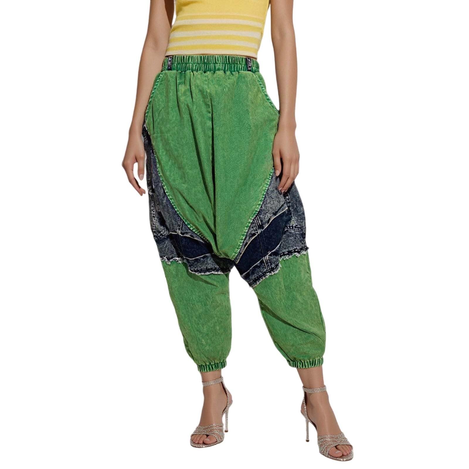 Pantalones harén hip hop para mujer, pantalones de patchwork, pantalones bombachos, pantalones de Aladino, pierna ancha, hippie, pantalones de mezclilla, pantalones informales, pantalones Goa con
