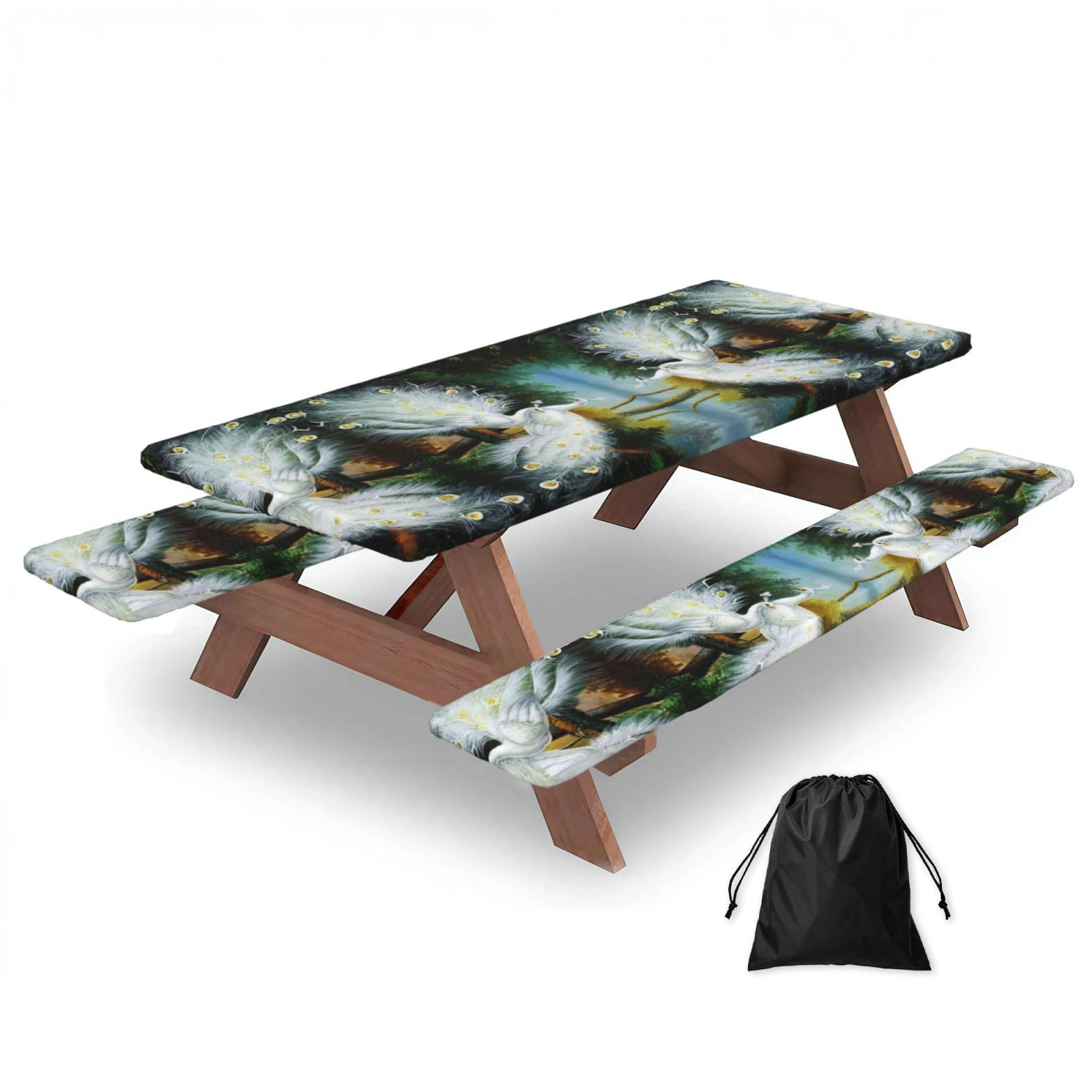 White Peacock Print 3 Pack Wipeable Picnic Bench Cover And Table Cover Lightweight Table Cloth For Camping Outdoor