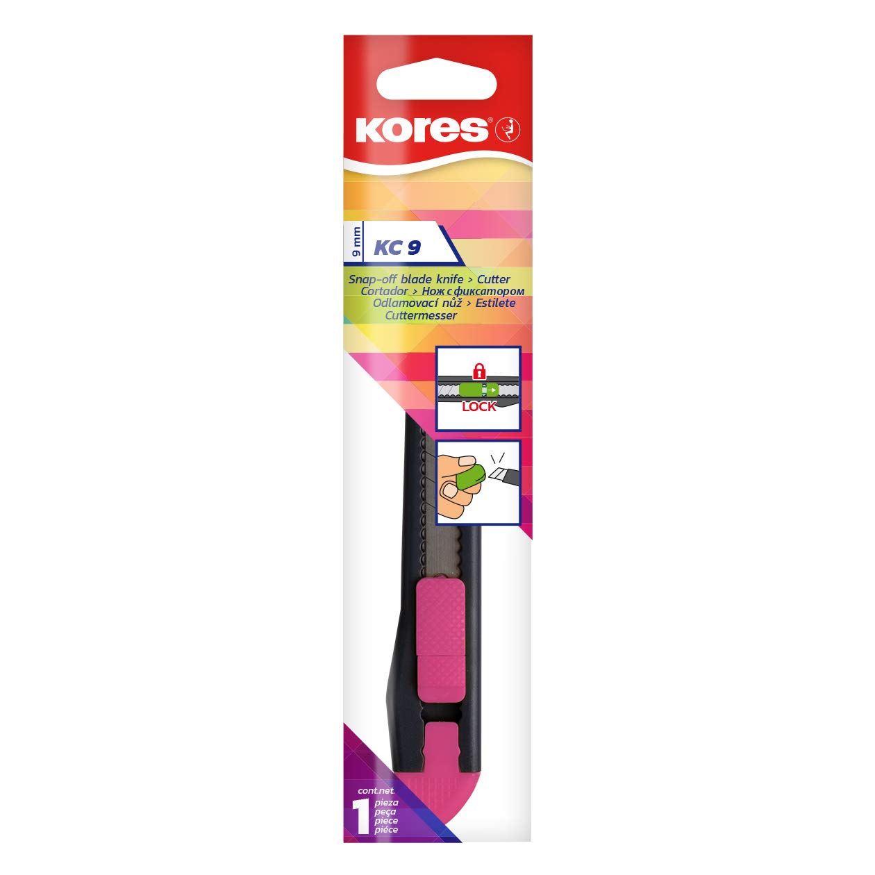 Kores - KC9 Box Cutter with Plastic Grip - Manual Lock Blade, Cutter of 9mm - Utility Paper Cutter, Craft Knife, Office Supplies, Cardboard Knife - Pack of 1
