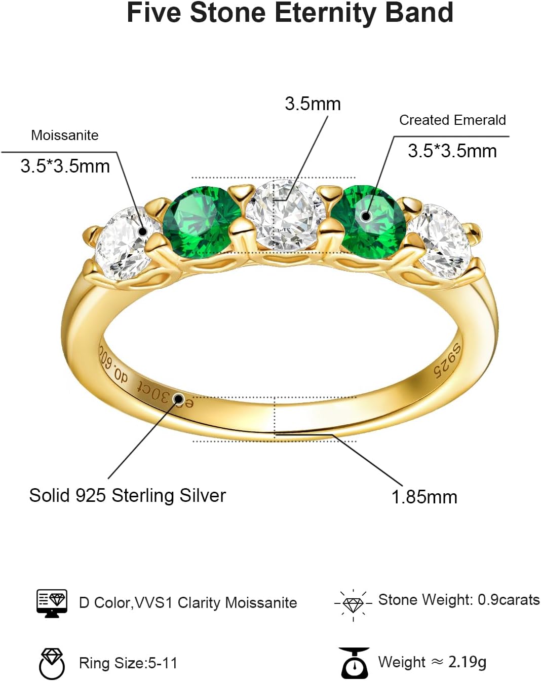 Created Emerald Moissanite Rings, 5 Stone 925 Sterling Silver Eternity Ring