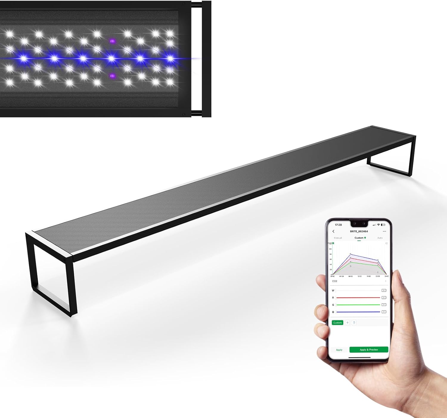 MagTool Brite Series Auto Aquarium LED Light with App-Controlled RGB+W LEDs, ADA Style Extendable Bracket, Supports Custom Sunrise/Sunset Colors in Manual/Auto/Custom Modes (Brite 90)
