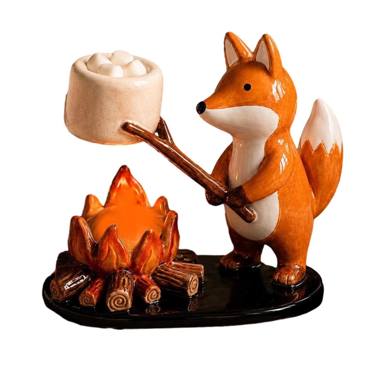 Campfire Animal Tealight Holder, Cute Resin Candle Stand with Cat Fox and Dachshund Figurines, Rustic Woodland Tabletop Decor for Home Living Room, 18.5x10x15cm Yellow A