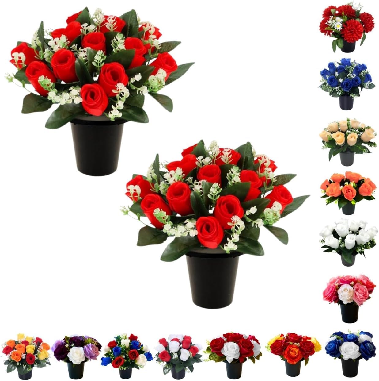 Pack 2 Artificial Flowers for Graves in Pots 25cm | 12 Head Red Grave Flower Pots | Perfect for Enhancing Memorial & Cemetery Decor | Improved Design for Funeral Elegance & Lasting Tribute. โ image 1