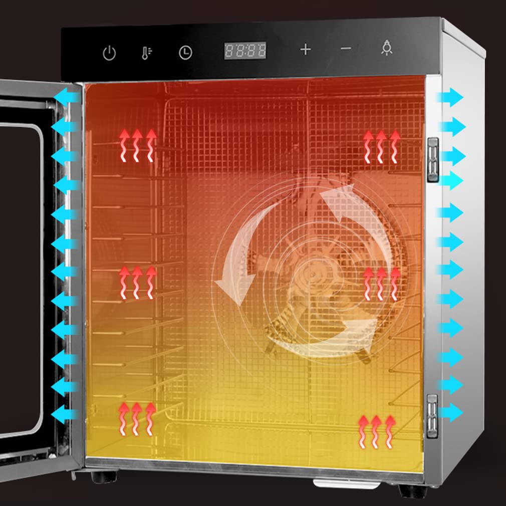 Secadora de alimentos comercial con bandejas de acero inoxidable - 10 bandejas, temporizador ajustable y control de temperatura - para secar frutas, carnes y verduras - visible