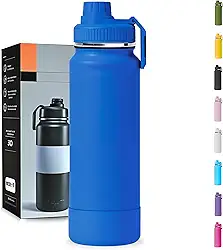 Garrafa Térmica 1000ML - Duplamente Isolada a Vácuo, Aço Inox 304, Capa Protetora da Base de Silicone, Mantém Bebidas Gelada 24 horas e Quente 12 horas (Azul Slin)