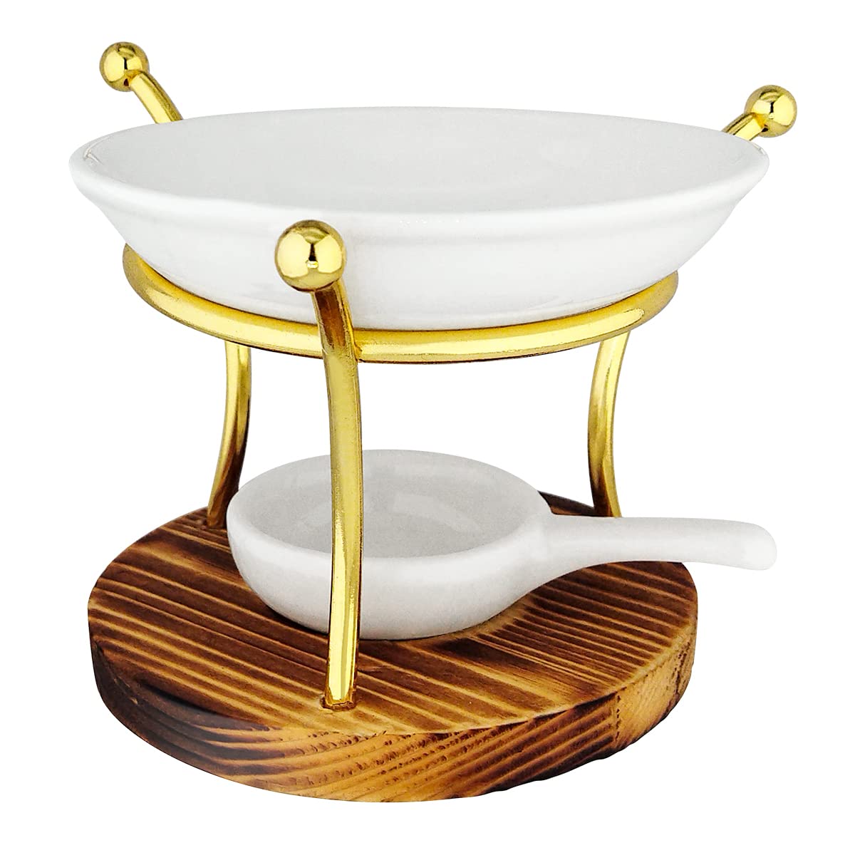 Metal Essential Oil Burner, Wax Melt Burner with Ceramic Bowl, Ceramic Scented Wax Melt Warmer Combuster, Essential Oil Burners Set, Room Decorative Aromatherapy Burner Gift, Round Shape (Gold)