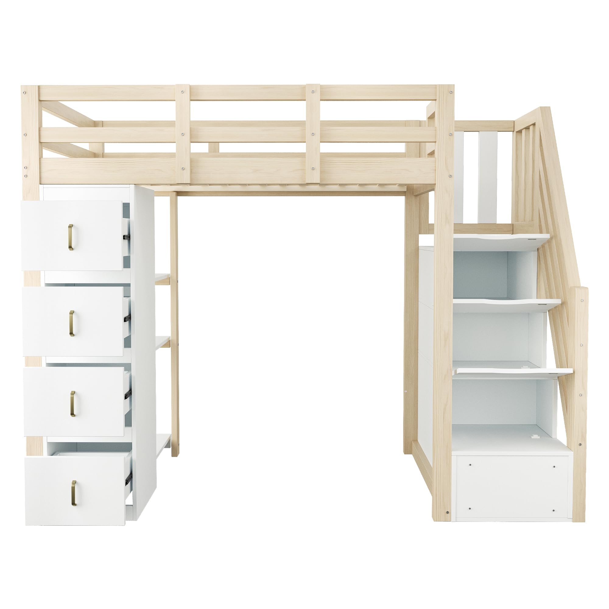 Cama alta 90 x 200 cm con cajones de almacenamiento, estantería de varios niveles, escalera segura, cama multifuncional de madera maciza, color madera natural
