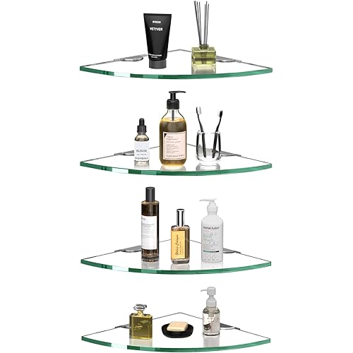 Corner Glass Shower Caddy 4 Pack 8MM-Thick Tempered Glass Shelf No Drilling Wall Mount Corner Mounted Shelves Space Saver Adhesive Bathroom Home Shelf Shampoo Holder Organizer Strong Adhesion