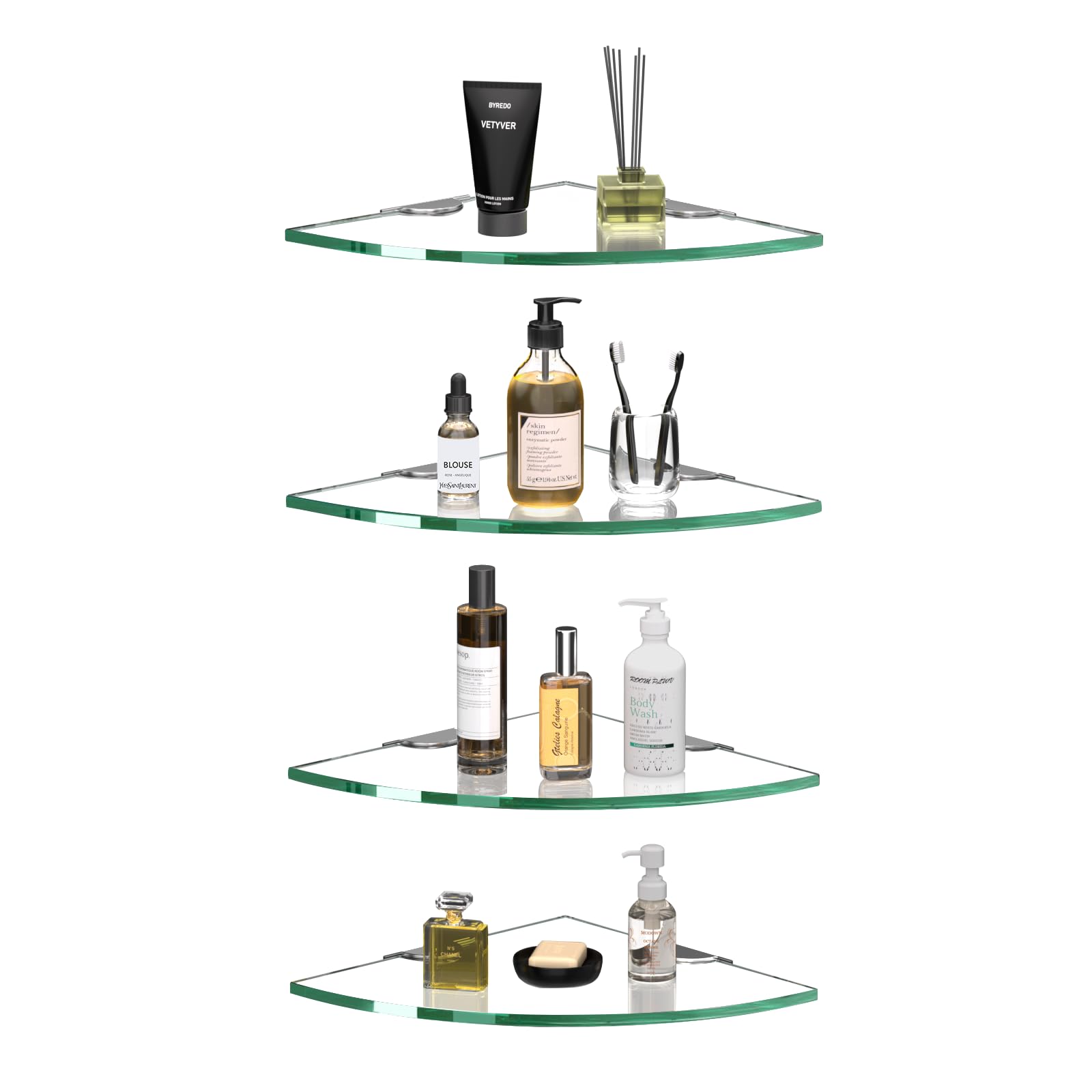 Corner Glass Shower Caddy 4 Pack 8MM-Thick Tempered Glass Shelf No Drilling Wall Mount Corner Mounted Shelves Space Saver Adhesive Bathroom Home Shelf