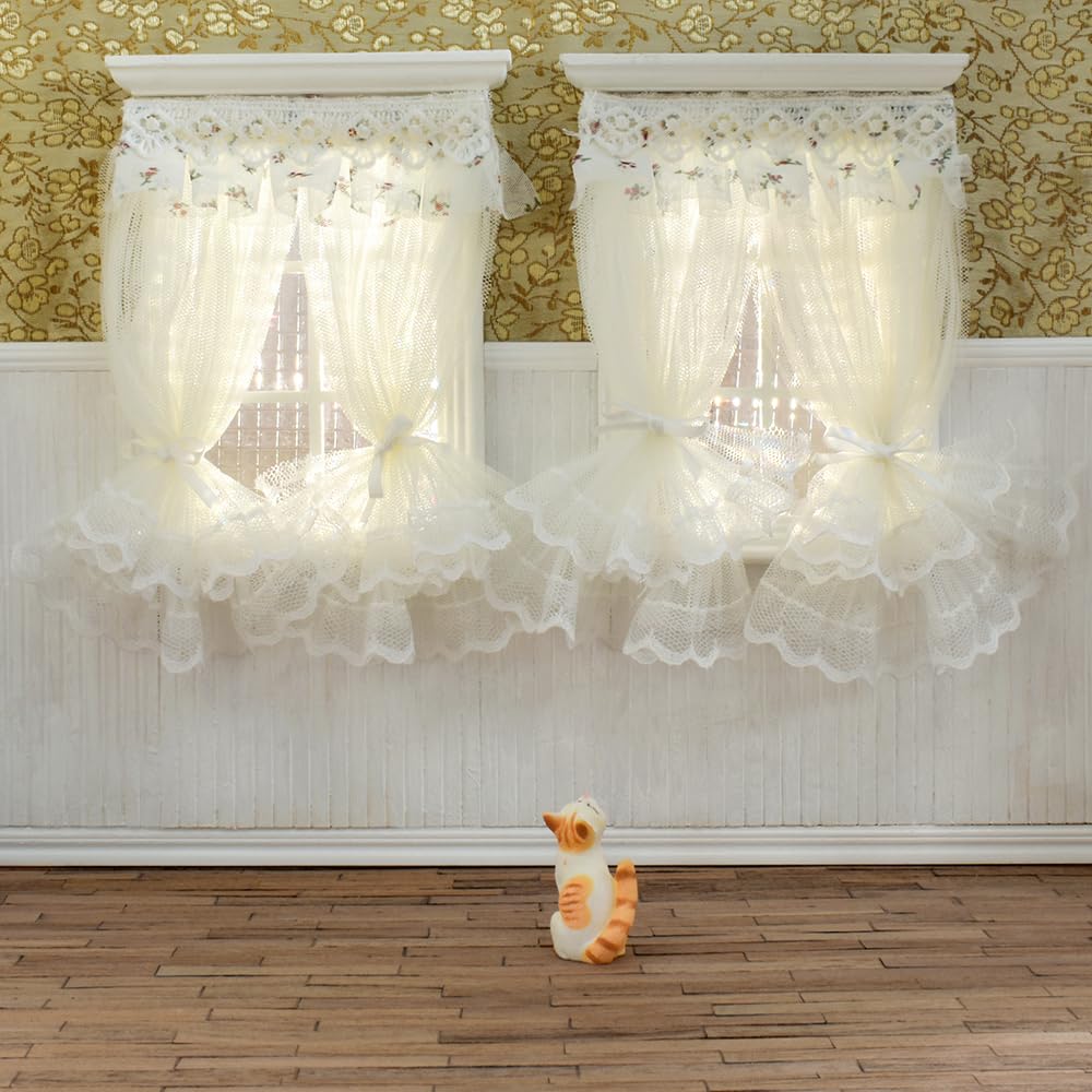iLAND Miniature Dollhouse Accessories on 1/12 Scale, Dollhouse Curtains Set of Multi-Layered Lace & Tulle Curtains 2pcs