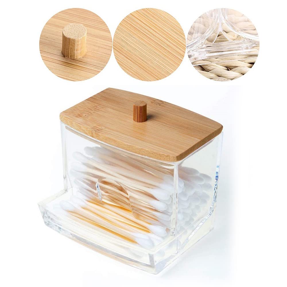 3 Pezzi Porta Cotton Fioc per Bagno, Porta Dischetti Struccanti, Organizzatore per Batuffoli Cotone AcrilicoTrasparente con Coperchio in Bambù, per Organizzare Batuffoli Cotone, Spugnette (3
