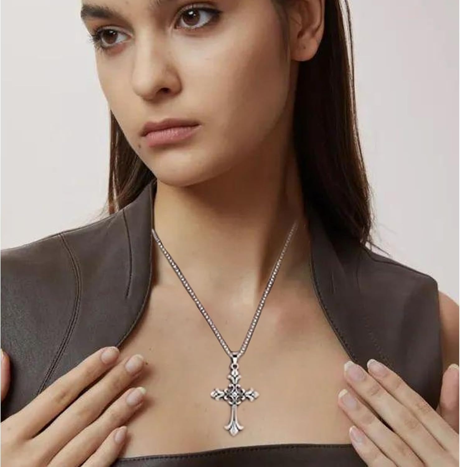 Gothic Cross Necklaces, Silver Stainless Steel Cross Pendant Necklace with Diamond Embellishment Emo Punk Necklace Y2K Jewelry for Women Men - Image 6