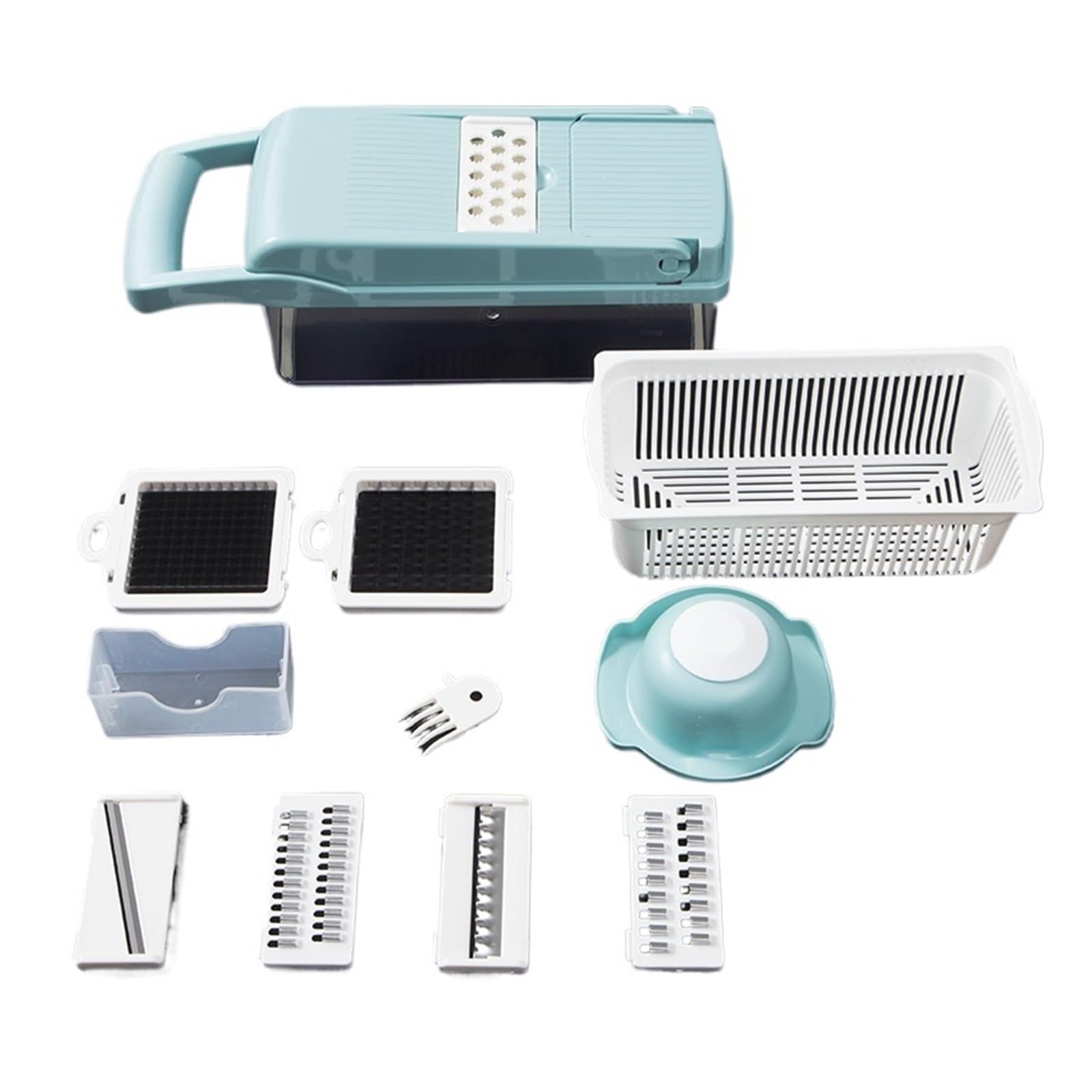 Cortador y rebanador de verduras, rallador patatas zanahorias, picador cebolla 9 en 1 con escurridor, comida frutas for cocina(Blue white with box)