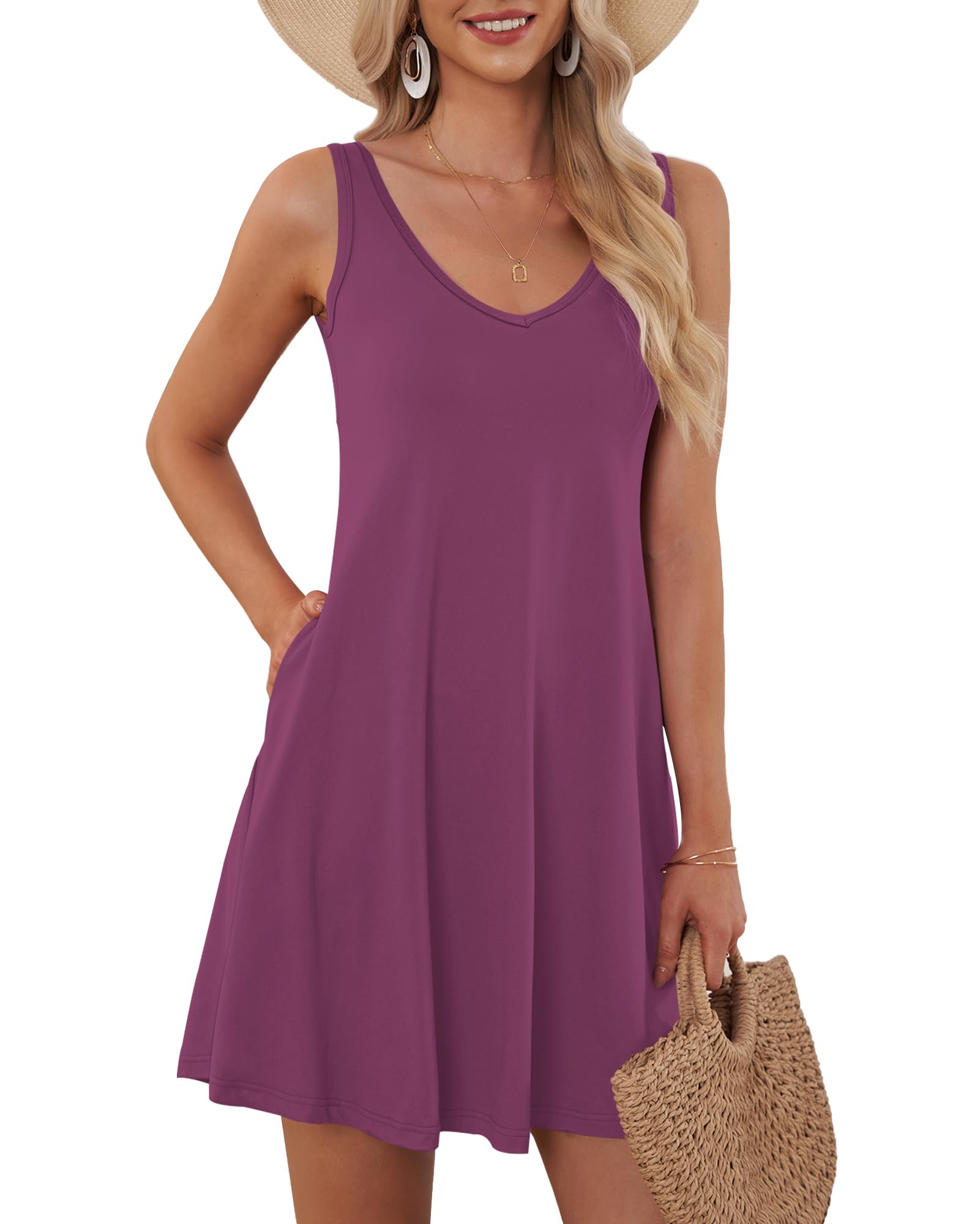 Auselily Women's Mauve Summer Dresses Uk Sleeveless Beach Dress Vneck Mini Sundress M