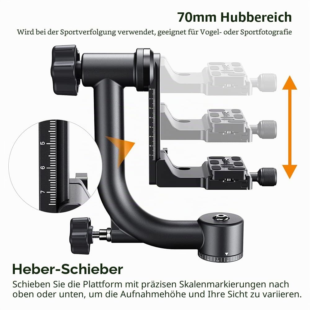 K&F CONCEPT Aluminium Gimbalkopf, Professional Heavy Duty Metall 360° Panorama Stativkopf mit 20 KG Tragkraft, Acra Swiss System,1/4'' Gewinde und Wasserwaage, ideal für Tier- und Sportfotografie