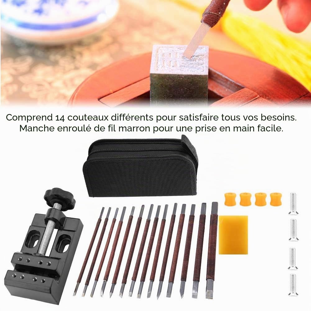 Kit de 18 outils de sculpture sur pierre - Ciseau de sculpture en acier au manganèse à double extrémité avec sac de rangement et lit de serrage pour gravure de sceaux