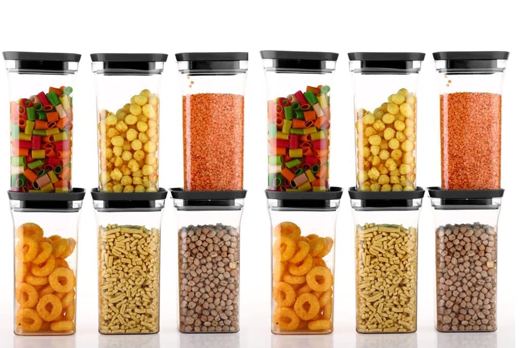 APRITO Cereal Dispenser Easy Flow Storage Jar 1100 ml, Idle for Kitchen- Storage Box Lid Food Rice Pasta Pulses Container, Square Containers for Kitchen Set of 8