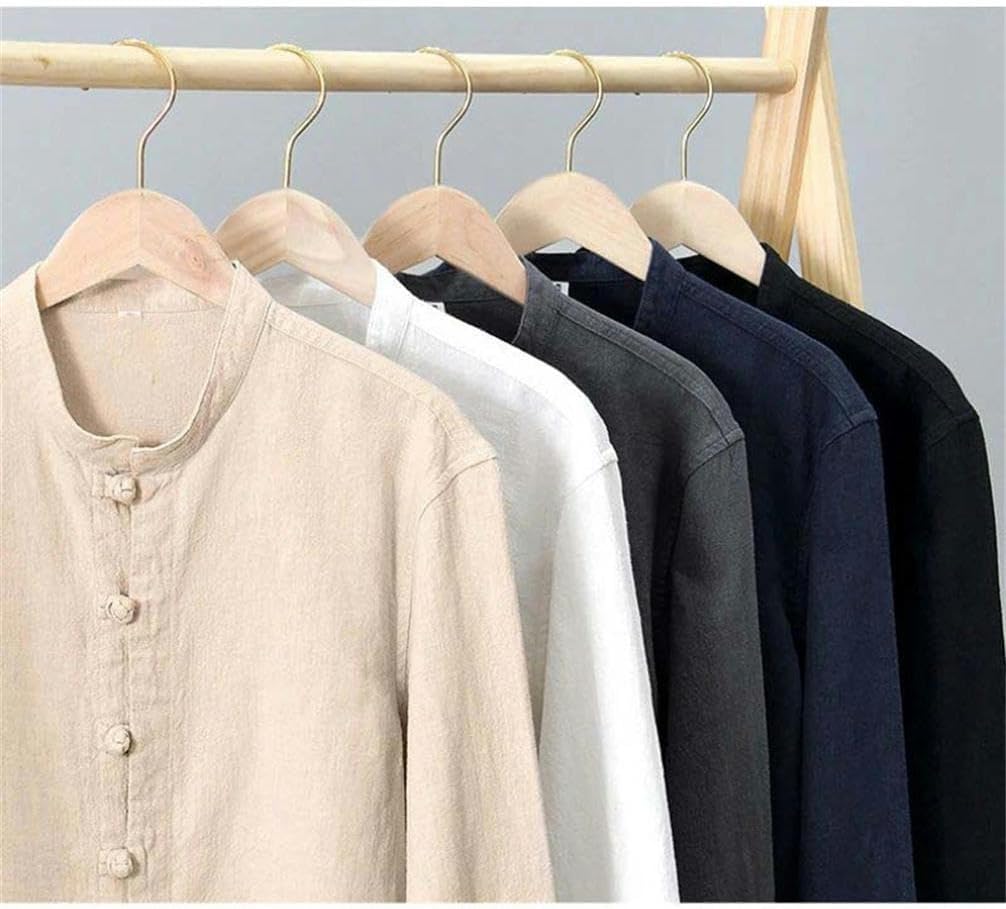 Chinese Style Men's Linen Shirt Tang Suit Kung Fu Traditional Solid Color Stand Collar Long Sleeve Pocket Shirt Jacket Men