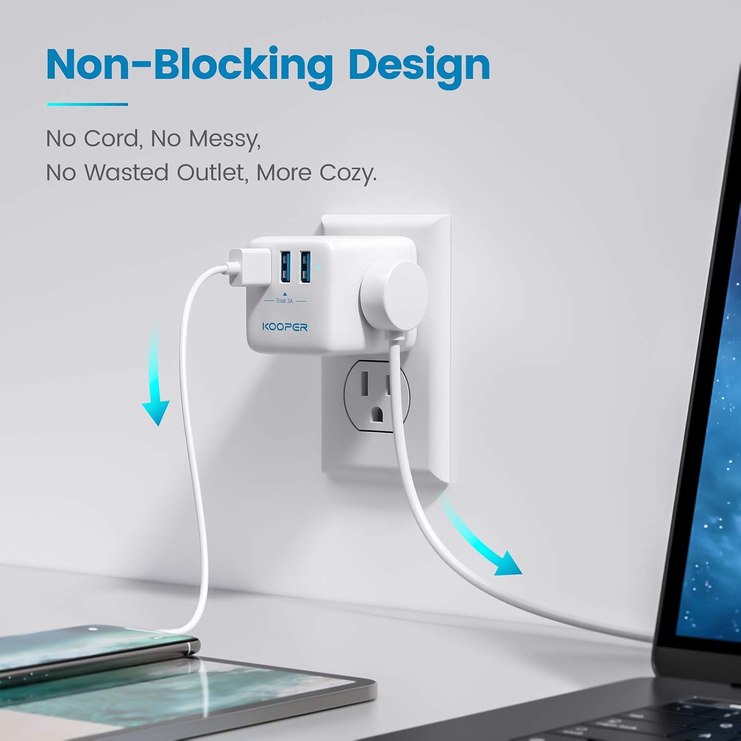 Multi Plug Outlet Extender, KOOPER Wall Plug with 3 Outlet Splitter 3 USB Charger 3.0A Wide Spaced Cube Plug Extender Outlet Adapter for Kitchen Bathroom Dorm Essentials Office Cruise Ship Travel