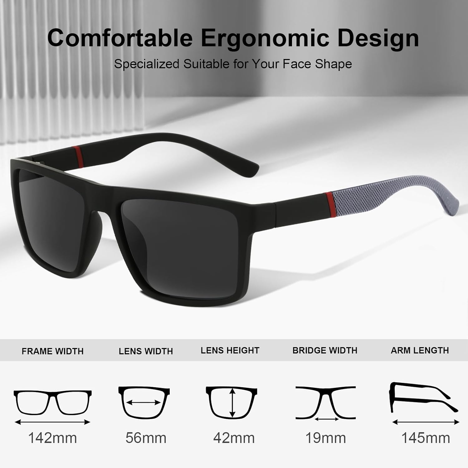 CARFIA Grid Temple Polarized Sunglasses for Men UV Protection Sturdy TR90 Frame Cool Square Sun Glasses - Image 2