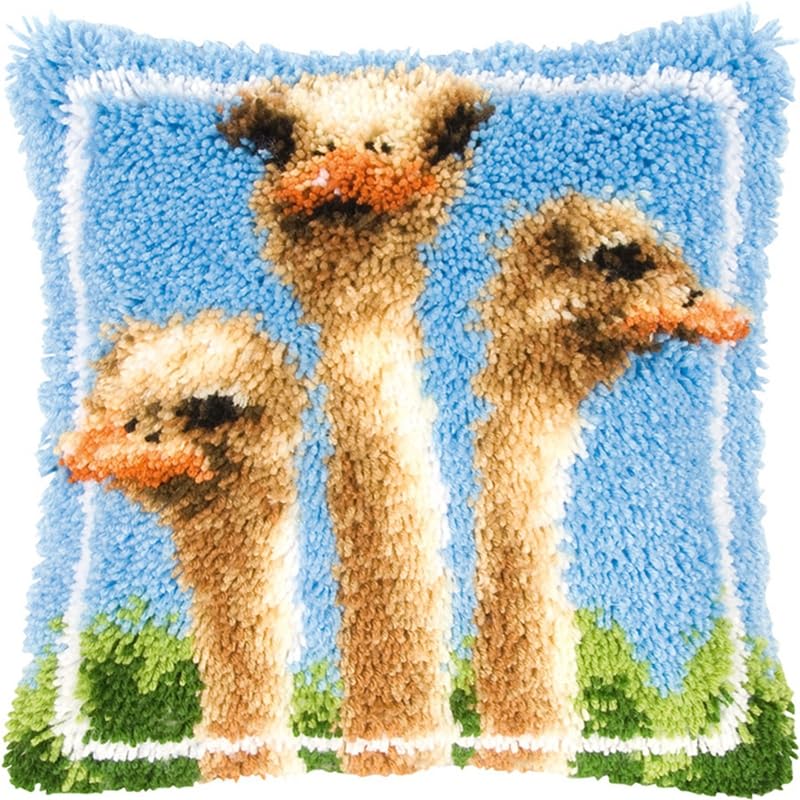 YEESAM ART Latch Hook Cushion Kits for Adults & Beginners, Three Little Ostriches Pre-Printed Latch Hooking Pillow Kit, DIY Embroidery Set Pillowcase for Home Sofa Decor Idea