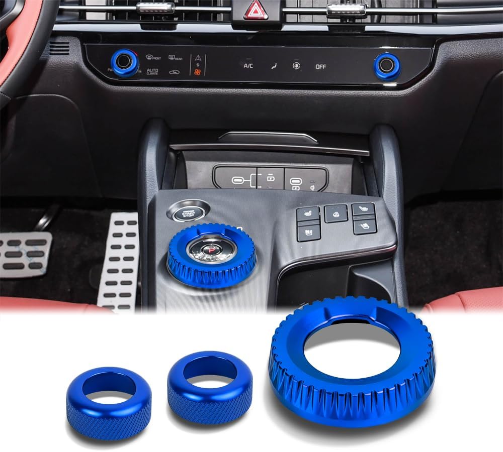 for 2025+ Kia EV6, NIRO EV & 2026 Sportage Hybrid Accessories (Not for Manual Shifter Models), 3PCS Aluminum Alloy Knob Cover Trim Set, Anti-Slip Interior Upgrade (Blue)