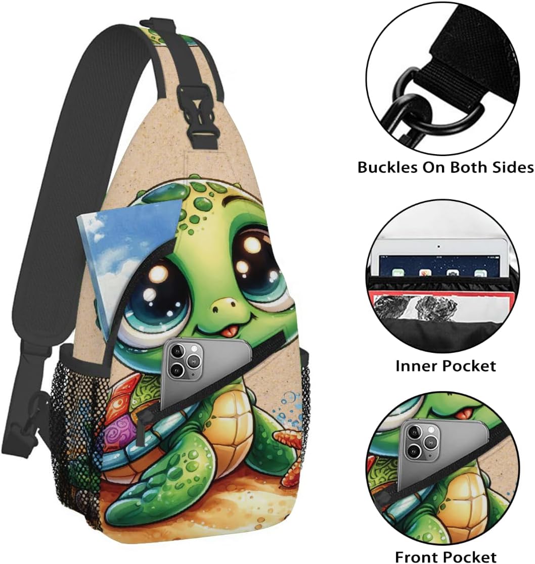 Small Animal Turtle Green Sling Bag for Women Men Lightweight Chest Bag Crossbody Daypack Anti Theft Shoulder Backpack with Adjustable Shoulder Strap for Outdoors Sports Hiking Travel