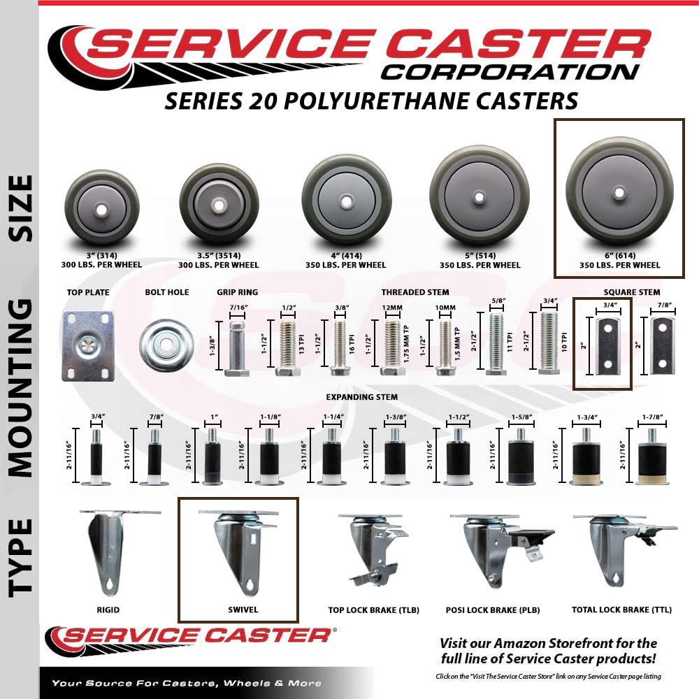 Swivel Square Stem Caster Set 4 w/6” x 1.25” Gray Polyurethane Wheel - 3/4” x 2” Square Stem with (3) 17/64” Diameter Mounting Holes - Includes 4 Swivel - 1400 lbs. Cpty/Caster - Service Caster Brand