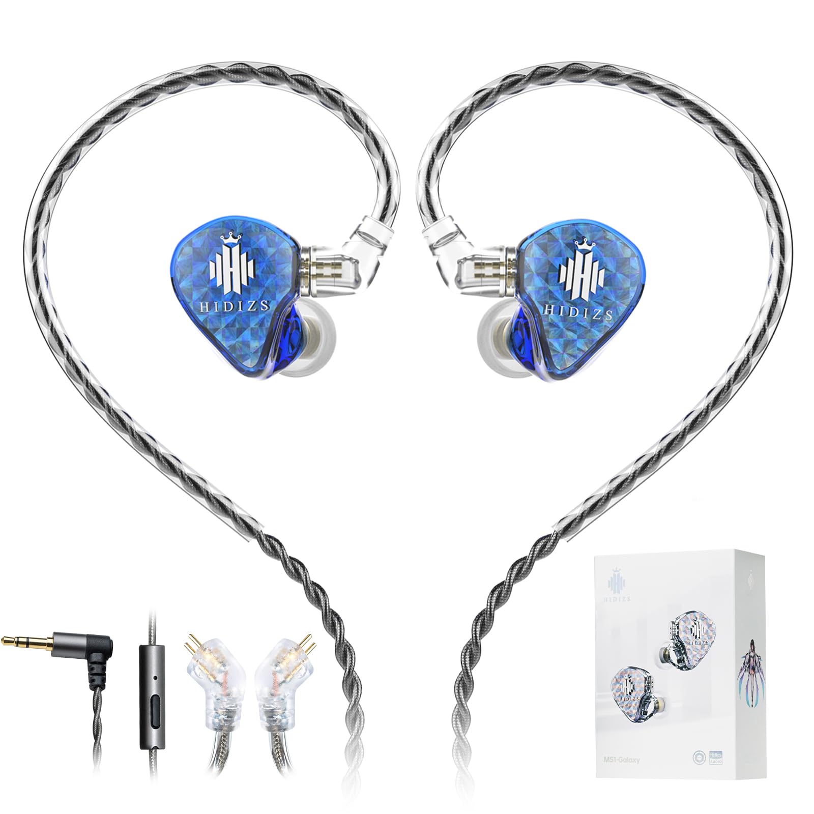HIDIZS MS1-Galaxy Wired IEM Earbuds, in-Ear Monitors, Dual Circuit Dynamic Driver, 3.5mm Plug, Inline Control, 0.78mm 2 Pin Cable, with Mic, Blue