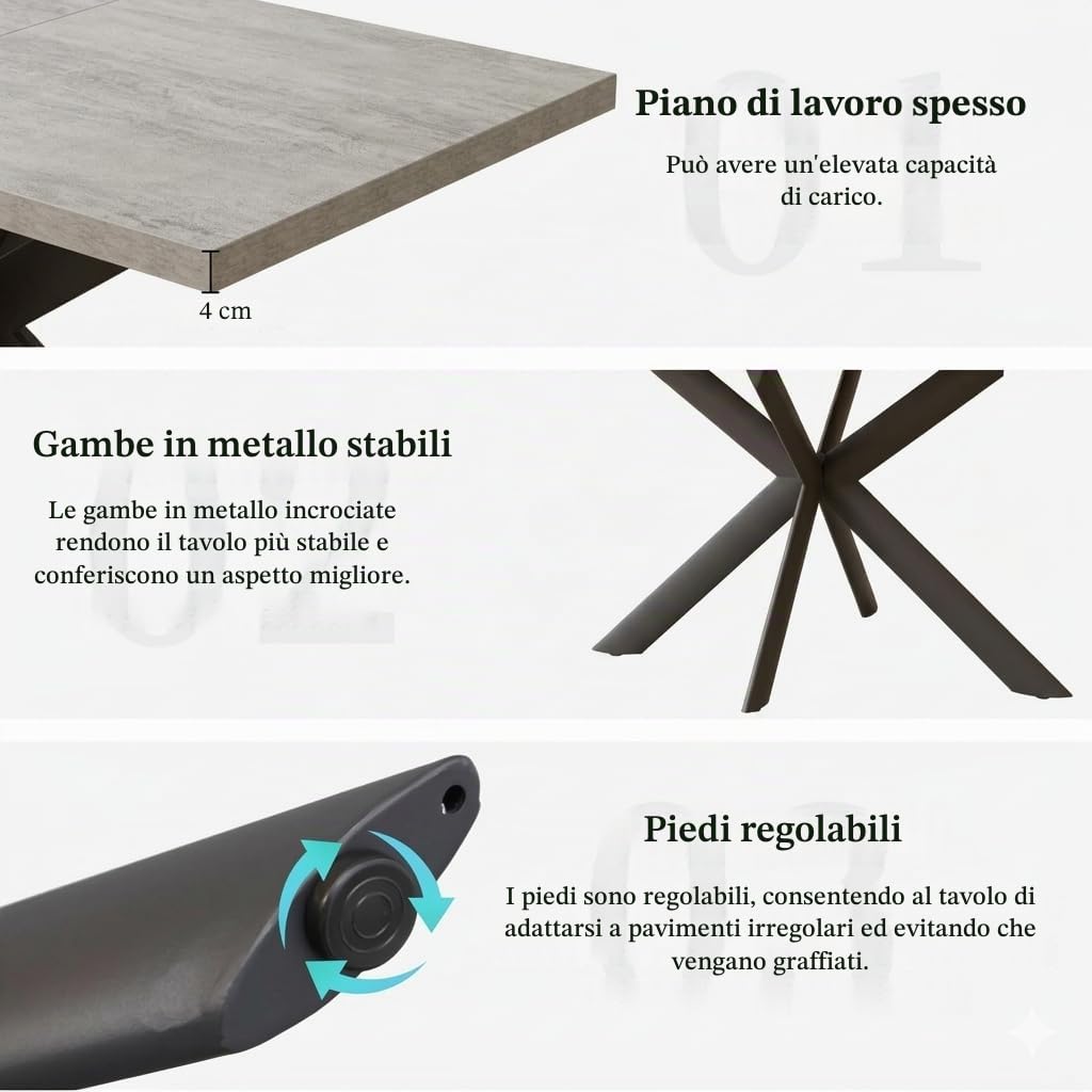 JIEXI Set di 6 tavoli da pranzo allungabili, 130 x 170 cm, 6 sedie in tessuto, superficie rettangolare in MDF e polvere di cemento, stile moderno e contemporaneo, per sala da pranzo e cucina