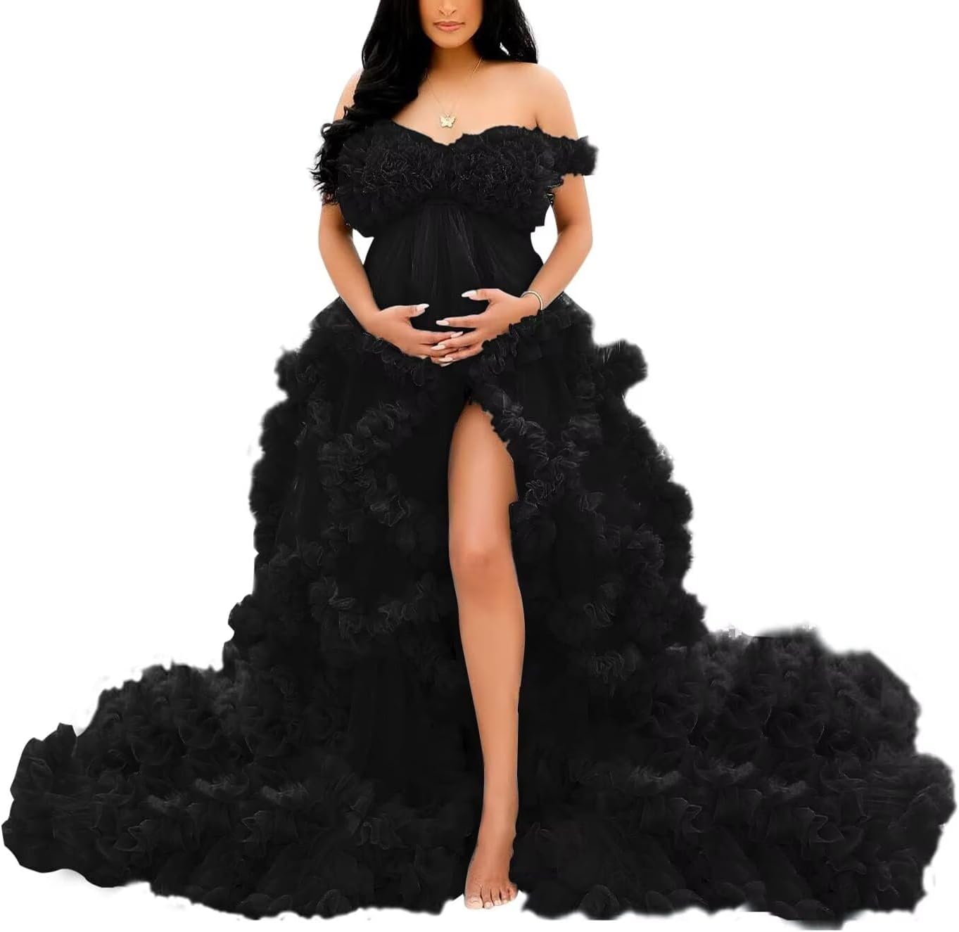 Women's Puffy Tulle Maternity Dress Illusion Ruffles Pregnancy Photoshoot Robe Sheer Baby Shower Gowns Bathgown