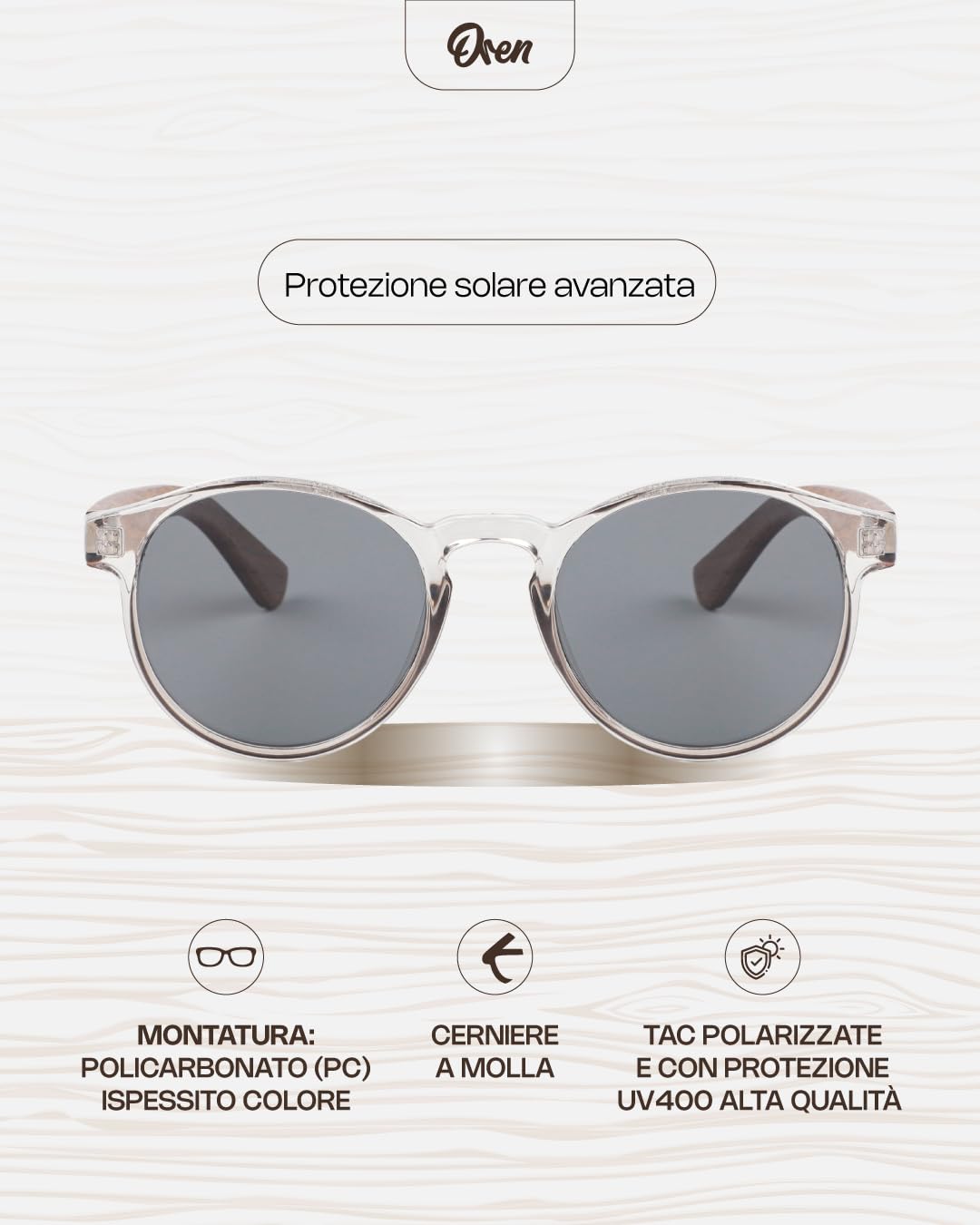 Oren Innovations Occhiali da Sole Uomo Donna Polarizzati UV400, Aste in Vero Legno Zebrawood, Montatura PET Riciclato, Leggeri, per Guida, Mare e Viaggi