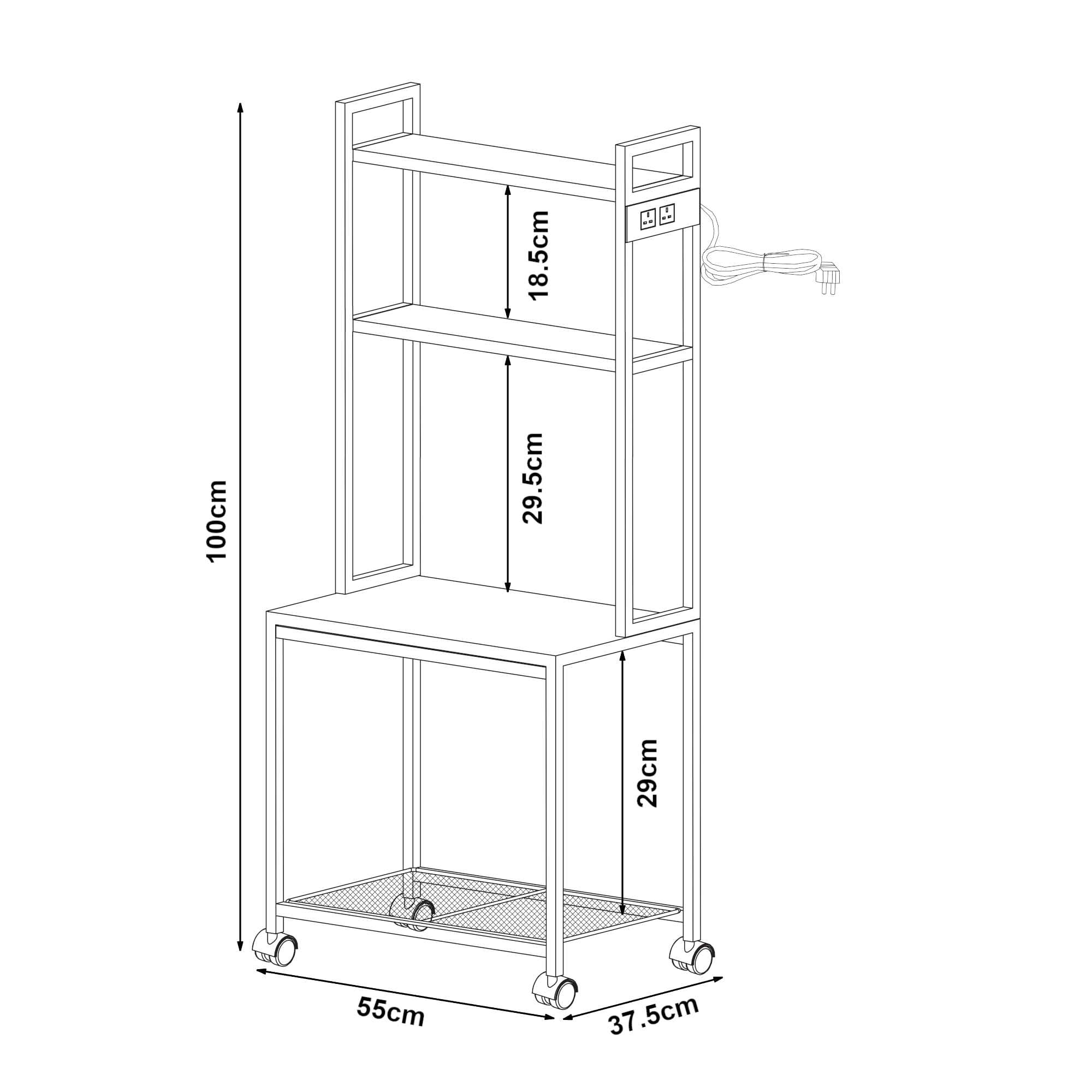 [en.casa] Rollwagen Svanaldsvipp Druckertisch mit 2 Steckdosen 100 x 55 x 38 cm Beistelltisch mit Rollen Druckerständer Metallgestell Weiß