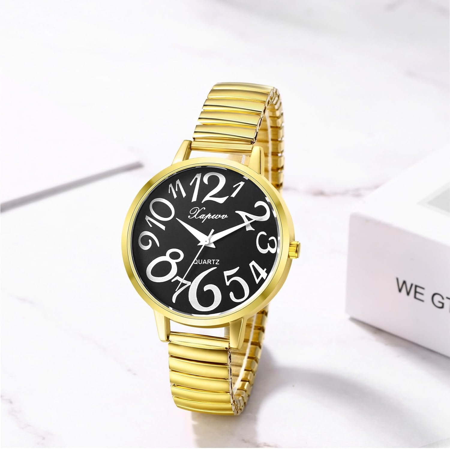 JewelryWe Women's Big Dial Easy Reader Watch Gold/Silver Tone Elastic Stretch Band Wristwatch for Valentine's Day - Image 7