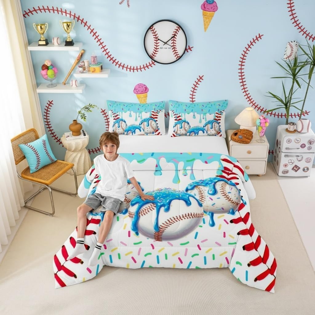 Castle Fairy Baseball Cream Comforter Full,Sport Ice Cream Bedding Set for Teens Youth Kids Girls Bedroom Decor,Red White Ball Texture Reversible Quilt Sets,Blue Cream Colorful Candy Quilt Set,3Pcs