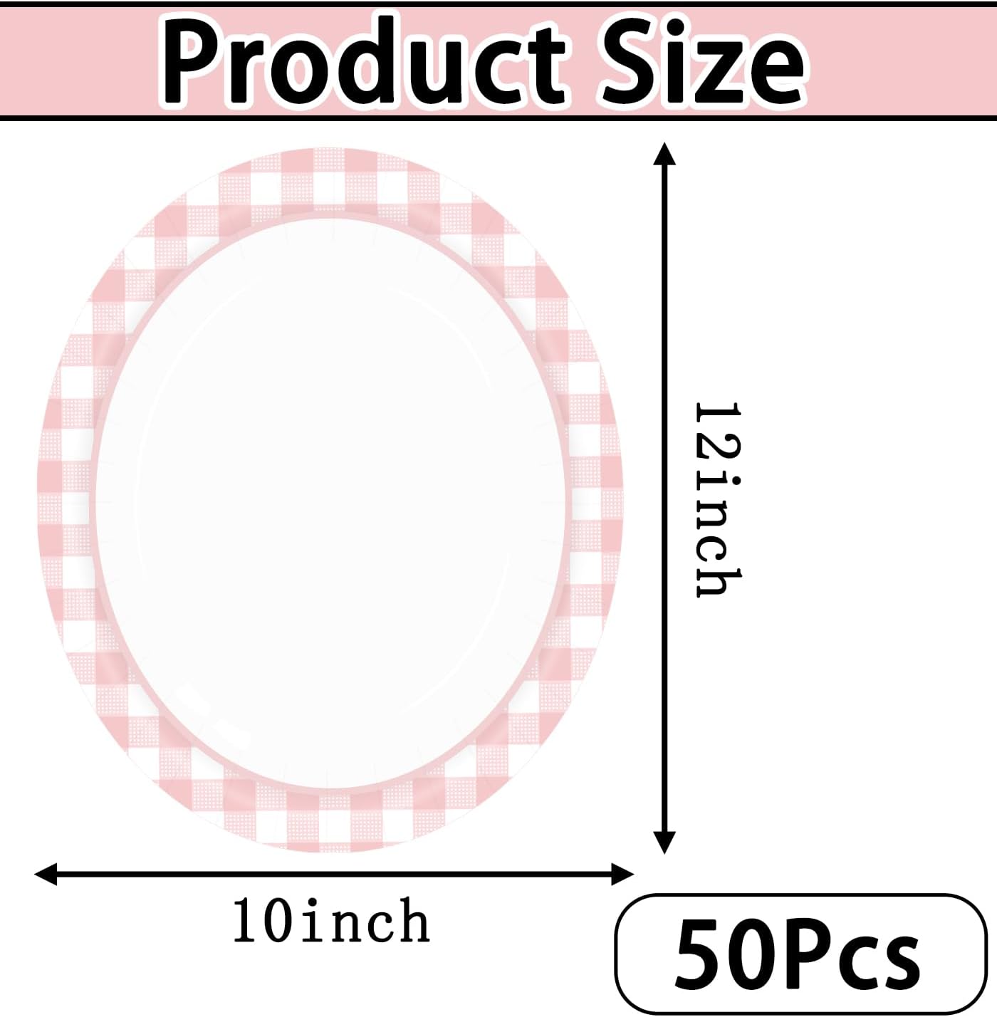 HEIPINIUYE 50 Pieces Light Pink Gingham Oval Paper Plates 10 X 12 Inch Pink and White Plates Disposable Dinner Plates for Picnic Wedding Baby Shower Birthday Party Dessert Plates