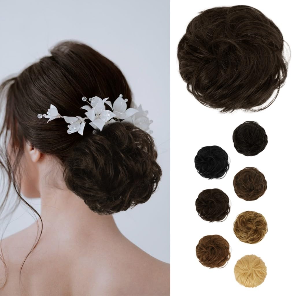 BARSDAR Human Hair Bun Extensions - Hair Buns Hair Piece Real Human Hair Bun Scrunchie for Women - Natural Dark Brown Hair Bun Extensions Updo Chignons Daily - Dark Brown