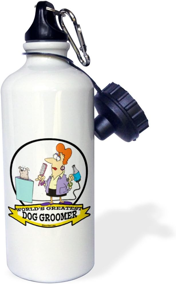 3dRose Funny Worlds Greatest Dog Groomer Women Cartoon Sports Water Bottle, 21 oz, White