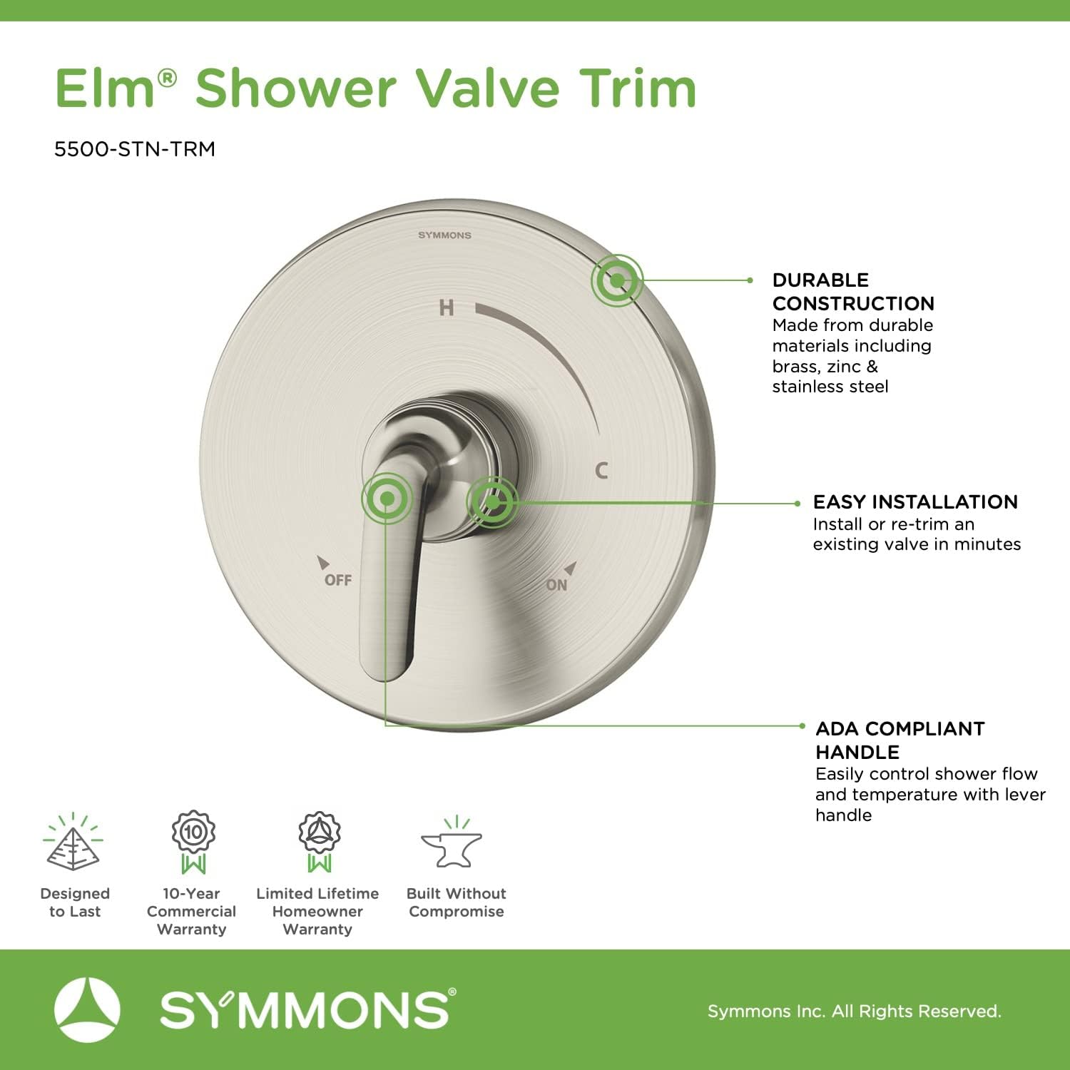 Symmons 5500-STN-TRM Elm Shower Valve Trim in Satin Nickel (Valve Not Included)